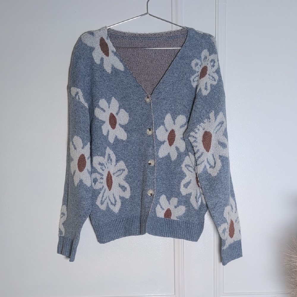 Light Blue Floral Button-Front Cardigan Sweater